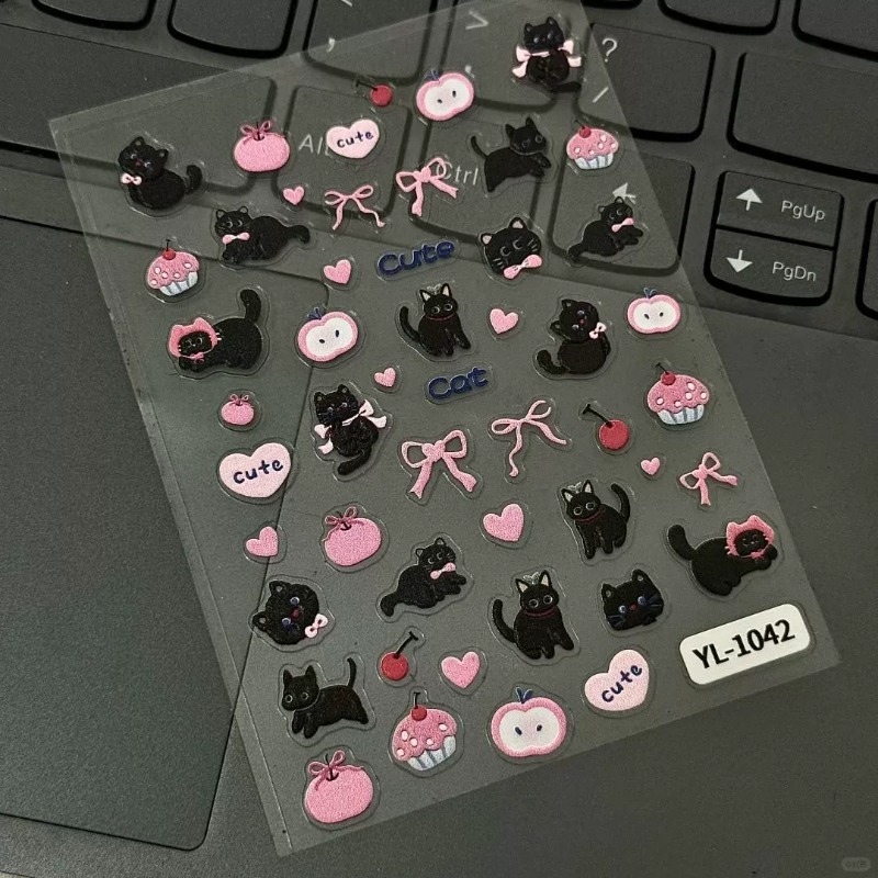 Nail Art Motif - Schattig cartoon strik zwart kat 3D